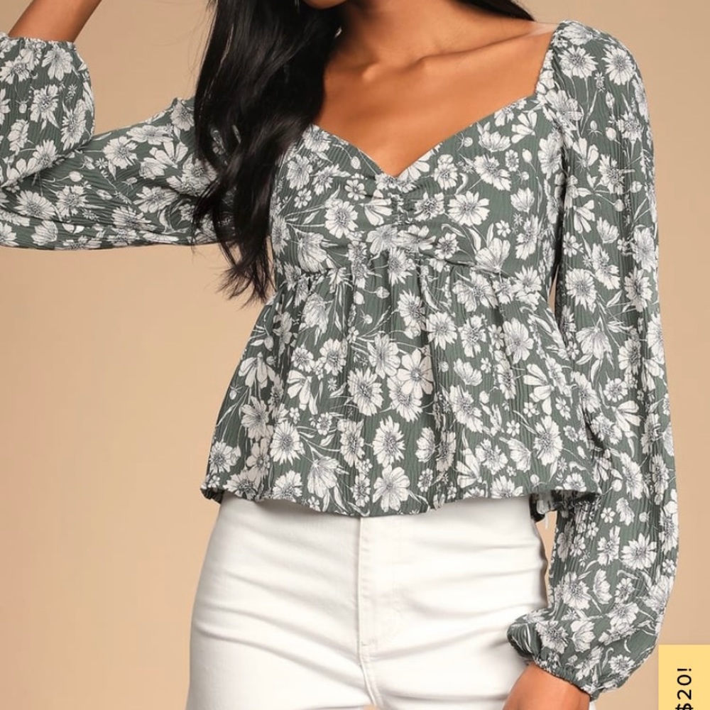Let Your Love Blossom Sage Floral Print Long Sleeve Top